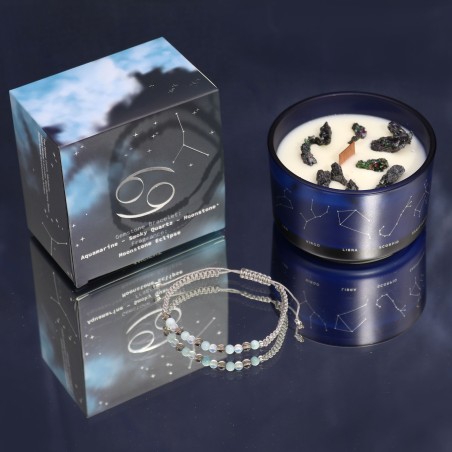 Bougie du zodiaque Cancer avec bracelet de pierres précieuses - bougie de soja et aigue-marine, quartz fumé, bracelet pierre de