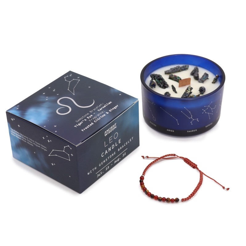 Bougie du zodiaque Lion avec bracelet de pierres précieuses - Bougie de soja avec bracelet œil de tigre et corail - 22h-Bougies du zodiaque avec bracelet de pierres précieuses-HOSTENATURA