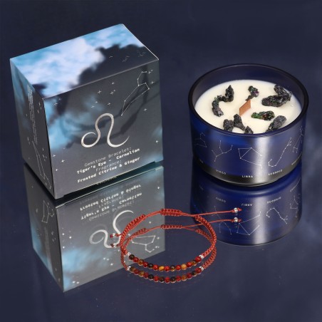 Bougie du zodiaque Lion avec bracelet de pierres précieuses - Bougie de soja avec bracelet œil de tigre et corail - 22h