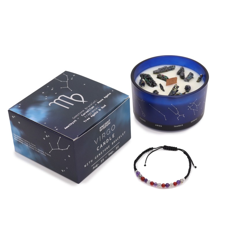 Lumânare zodiacală Fecioară cu brățară cu pietre prețioase - Lumânare de soia și brățară cu piatră de ametist, agat mușchi, cora-Lumânări zodiacale cu brățară cu pietre prețioase-HOSTENATURA