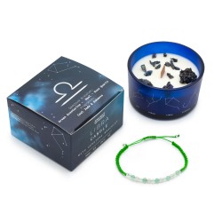 Libra Zodiac Candle med Ädelstensarmband - Sojaljus med Grönt Aventurinarmband, Opal, Rosenkvarts - 22h