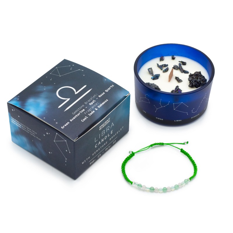 Lumânare zodiacală Balanță cu brățară cu pietre prețioase - Lumânare de soia cu brățară aventurină verde, opal, cuarț roz - 22h-Lumânări zodiacale cu brățară cu pietre prețioase-HOSTENATURA