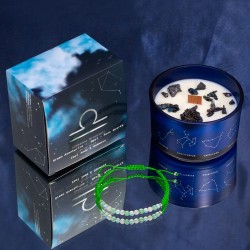 Lumânare zodiacală Balanță cu brățară cu pietre prețioase - Lumânare de soia cu brățară aventurină verde, opal, cuarț roz - 22h