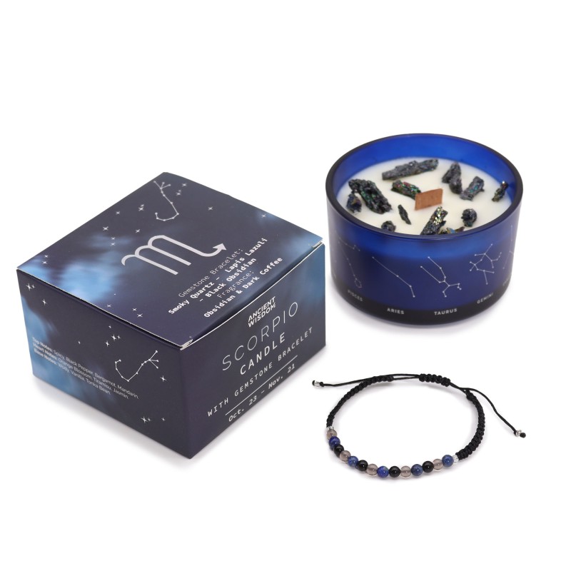 Vela do Zodíaco de Escorpião com Pulseira de Pedras Preciosas - Vela de Soja e Obsidiana, Granada, Pulseira de Quartzo Fumê - 22-Velas do Zodíaco com Pulseira de Pedras Preciosas-HOSTENATURA
