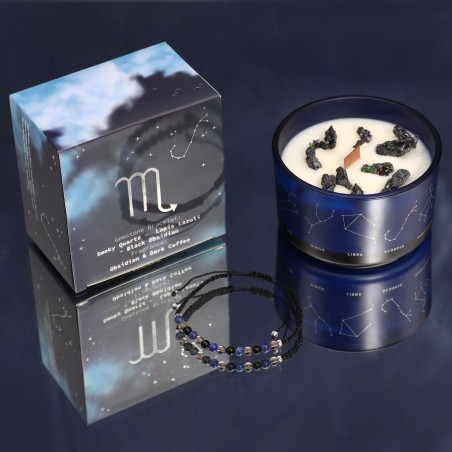 Bougie du zodiaque Scorpion avec bracelet de pierres précieuses - Bougie de soja et bracelet en quartz fumé, obsidienne, grenat