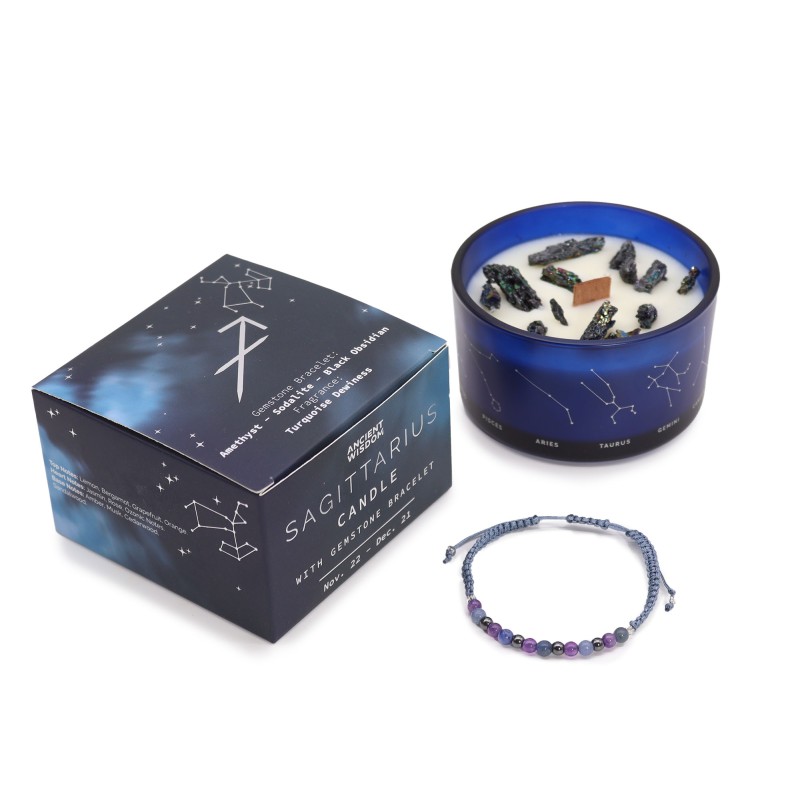 Sagittarius Zodiac Candle with Gemstone Bracelet - Soy Candle with Amethyst, Sodalite and Obsidian Bracelet - 22h-Zodiac Candles with Gemstone Bracelet-HOSTENATURA