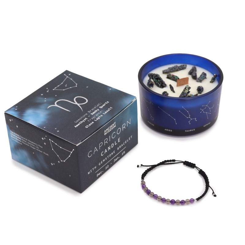 Vela del Zodiaco Capricornio con Pulsera de Piedras Preciosas - Vela de Soja con Pulsera de Amatista y Cuarzo Ahumado - 22h-Velas de Zodiaco con Pulsera de Piedras Preciosas-HOSTENATURA