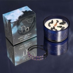 Candela Zodiacale Capricorno con Bracciale Pietre Preziose - Candela di Soia con Bracciale Ametista e Quarzo Fumé - 22h