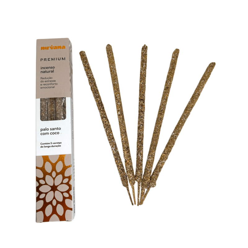 Incenso Palo Santo e Cocco Premium Nirvana Brasile Riduce lo stress - 5 bastoncini spessi fatti a mano - Incenso Artesanal Brasi-Linea Premium Incenso Nirvana Brasile-HOSTENATURA