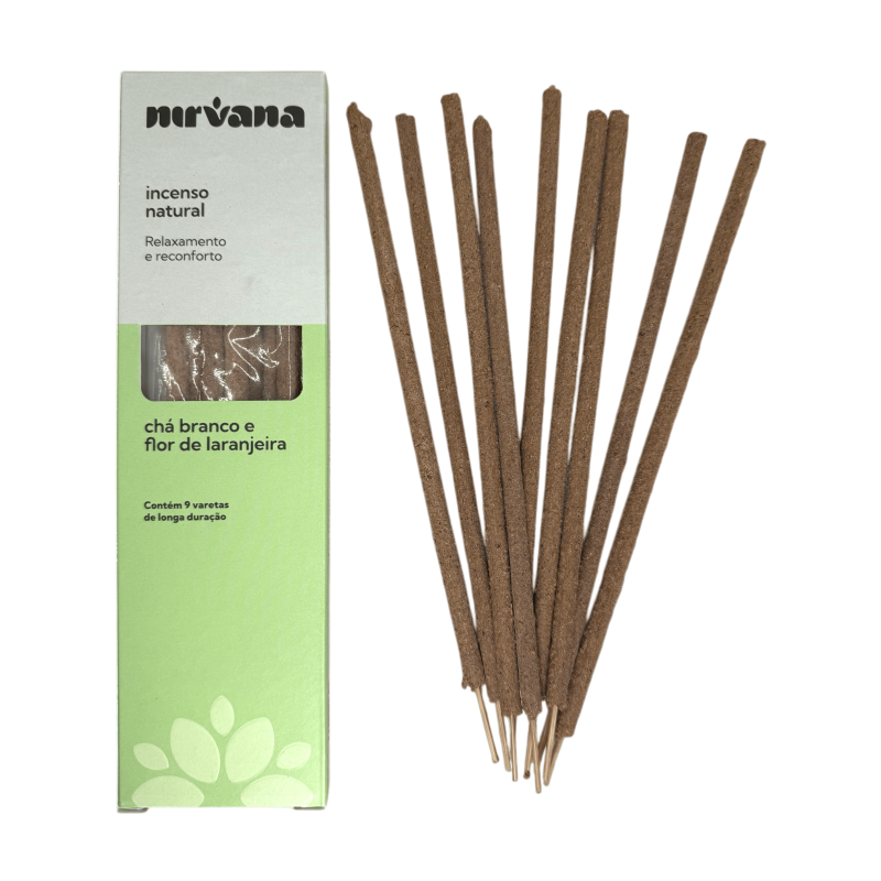 Incenso Natural de Chá Verde e Flor de Laranjeira Nirvana Brasil Relaxamento e Conforto - 9 palitos artesanais - Fabricado no Br-Linha Nirvana Natural Tradicional Brasil-HOSTENATURA