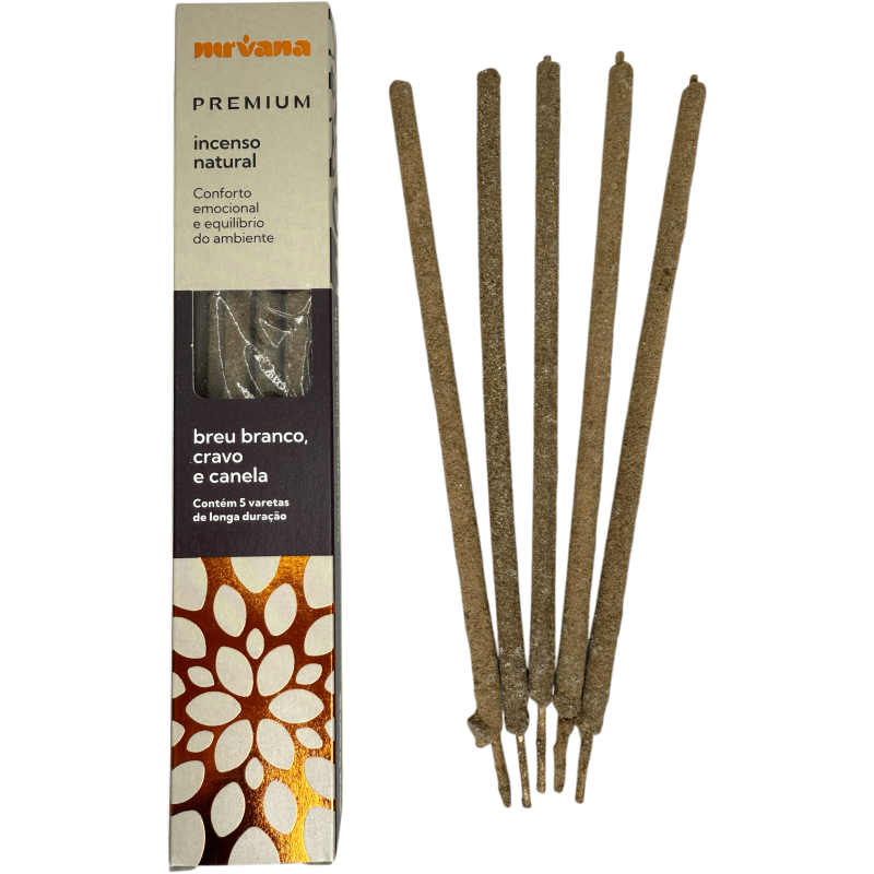 Incenso Branco Breu, Cravo e Canela Premium Nirvana Brasil Conforto Emocional - 5 palitos grossos feitos à mão - Feito no Brasil-Incenso Linha Premium Nirvana Brasil-HOSTENATURA