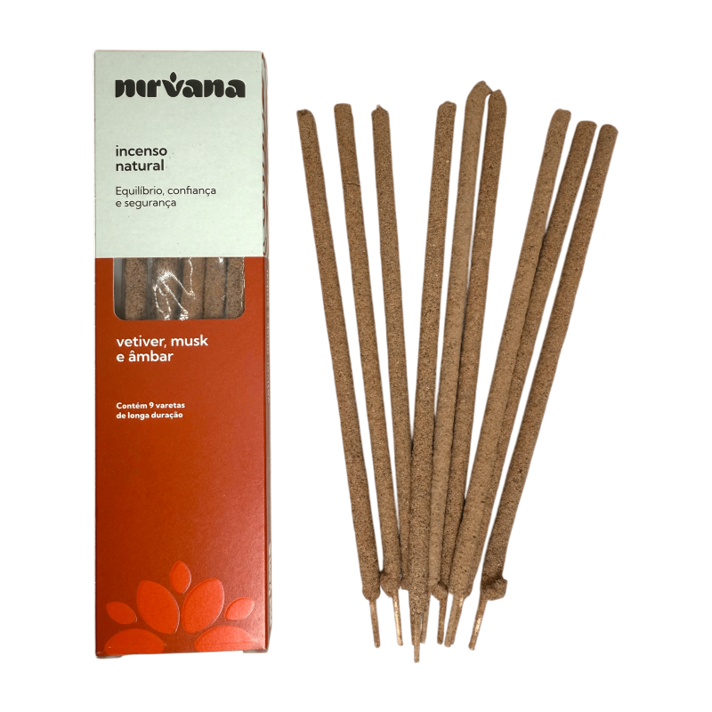 Incienso Vetiver, Almizcle i Ámbar Natural Nirvana Brasil Equilibri i Confiança - 9 varetes artesanals - Fet al Brasil-Linea Tradicional Natural Nirvana Brasil-HOSTENATURA