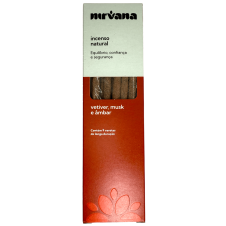 Incienso Vetiver, Almizcle y Ámbar Natural Nirvana Brasil Equilibrio y Confianza - 9 varillas artesanales - Hecho en Brasil