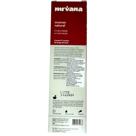 Incenso Natural de Romã e Tangerina Nirvana Brasil Criatividade e Motivação - 9 palitos feitos à mão - Made in Brazil