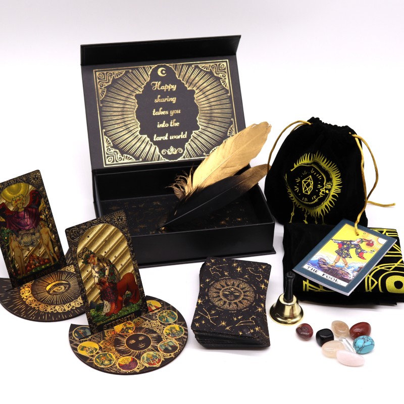 Kit de Presente de Tarô com Folha de Ouro Deixe a Magia Começar - Cartas, Guia, Bolsa, Ferramentas Místicas, Minerais e Porta-Ca-TARÔ-HOSTENATURA