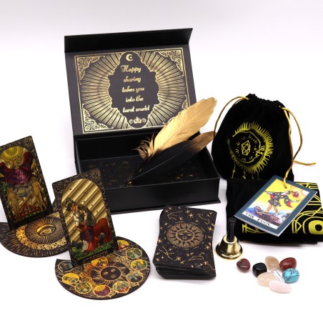Kit Regalo Tarot con Lámina de Oro Que Empiece la Magia - Cartas, Guía, Bolsa, Herramientas Místicas, Minerales y Soporte Cartas