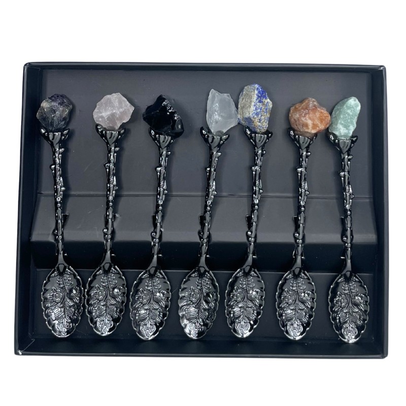 Witch Spoons - Set of 7 Dark Silver Spoons with Gemstones-AMULETS-HOSTENATURA