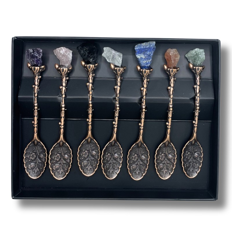 Hexenlöffel - Set mit 7 Bronzelöffeln mit Edelsteinen-KESSEL UND SCHALEN FÜR RITUALE-HOSTENATURA
