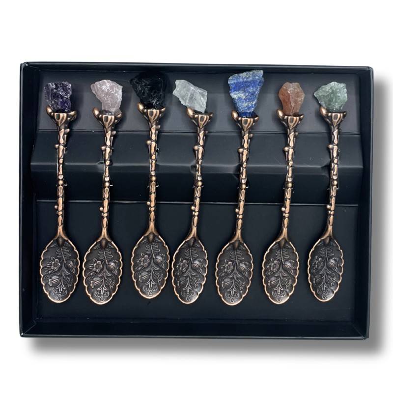 Witch Spoons - Set of 7 Bronze Spoons with Gemstones-CAULDRONS AND BOWLS FOR RITUALS-HOSTENATURA