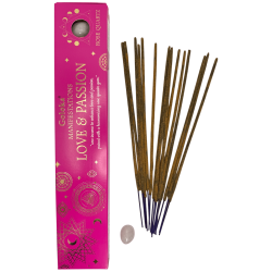 Manifestazioni di Incenso Goloka Incenso Rosa Amore e Passione con Minerale di Quarzo Rosa - 15gr.