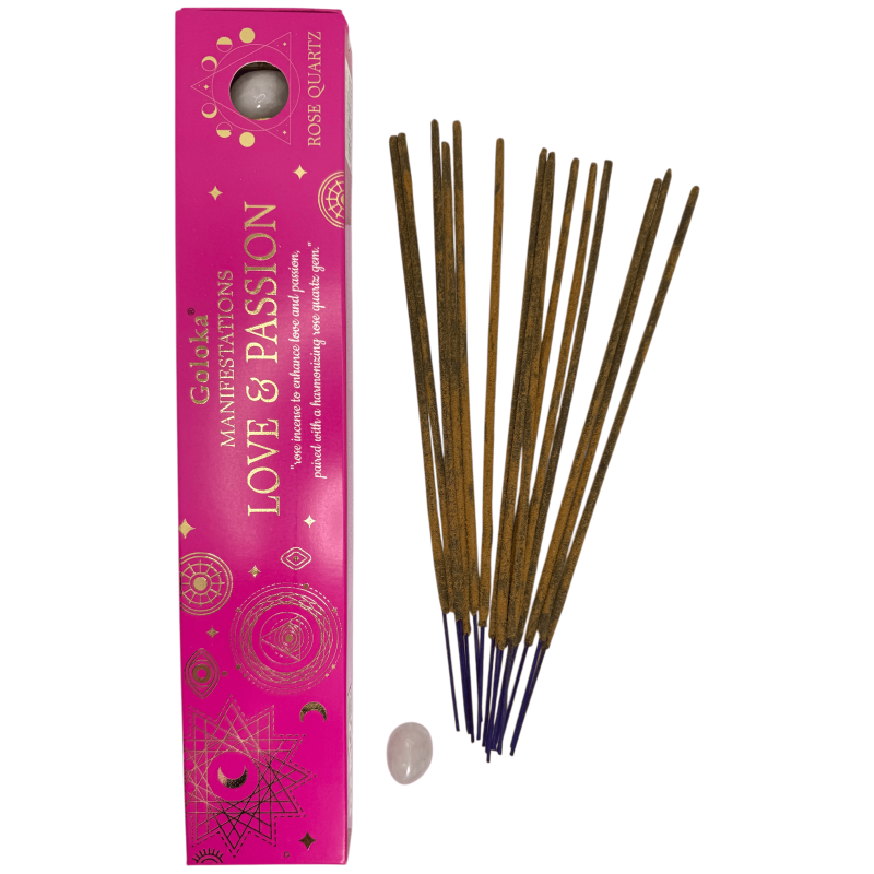 Goloka Incense Manifestations Love and Passion Pink Incense with Rose Quartz Mineral - 15gr.-Incense Manifestations Goloka Manifestations with Minerals-HOSTENATURA