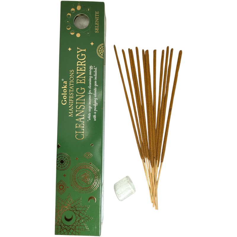 Goloka Incense Manifestations Energy Cleansing White Sage Incense with Selenite Mineral - 15gr.-Incense Manifestations Goloka Manifestations with Minerals-HOSTENATURA