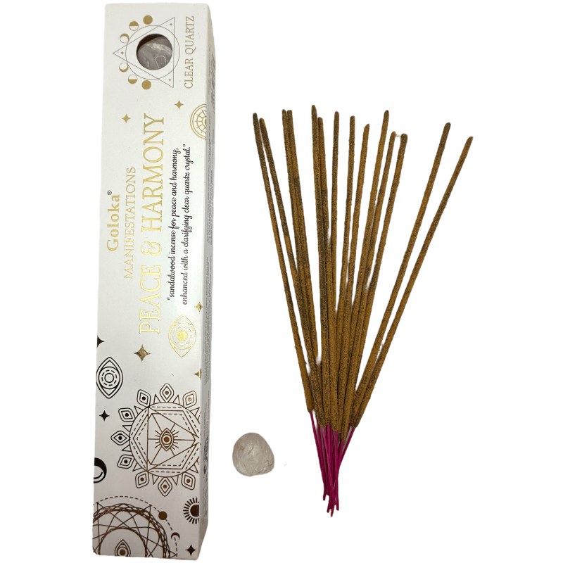 Goloka Incense Manifestations Peace and Harmony Sandalwood Incense with Rock Quartz Mineral - 15gr.-Incense Manifestations Goloka Manifestations with Minerals-HOSTENATURA