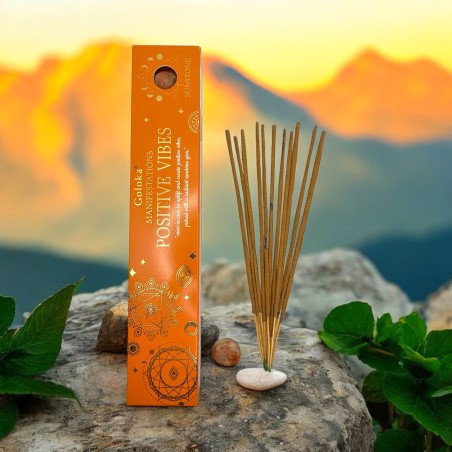 Goloka Incense Positive Vibration Manifestations Mint, Incense with Sunstone Mineral - 15gr. - ポジティブな雰囲気