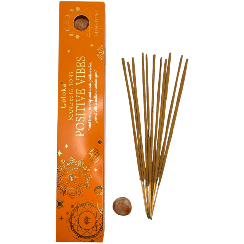 Goloka Incense Positive Vibration Manifestations Mint Incense with Sunstone Mineral - 15gr. - Positive Vibes-Incense Manifestations Goloka Manifestations with Minerals-HOSTENATURA