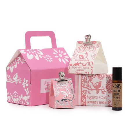 Set de Regalo Bienestar Agnes & Cat Florecer y Felicidad - Jabón Artesanal, Champú Sólido, Bálsamo Labial y Roll-on Aceite