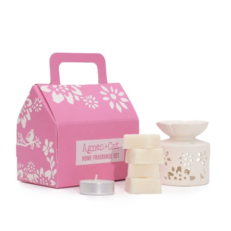 Conjunto de Presente Agnes & Cat Fragrância de Chá e Rosas - Queimador de Óleo, Ceras Aromáticas e Vela de Chá