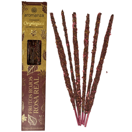 Sahumerio Orgánico Frutos Rojos y Rosa Real con Pétalos de Rosa Aromanza Argentina - 6 varillas naturales - Empoderamiento