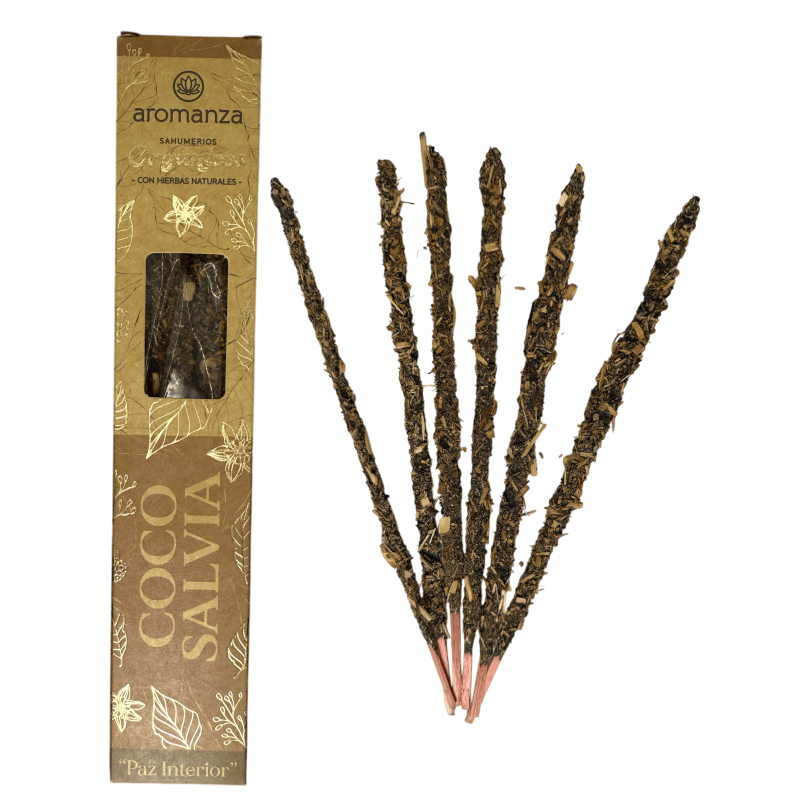Sahumerio Orgánico Coco y Salvia con Pétalos de Hierbas Naturales Aromanza Argentina - 6 varillas naturales - Paz Interior-Sahumerios Orgánicos Aromanza Argentina-HOSTENATURA