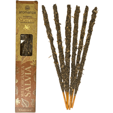Sahumerio Orgánico Miel Orgánica y Salvia con Hojas de Salvia Aromanza Argentina - 6 varillas naturales - Dulzura