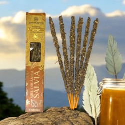 Sahumerio Orgánico Miel Orgánica y Salvia con Hojas de Salvia Aromanza Argentina - 6 varillas naturales - Dulzura