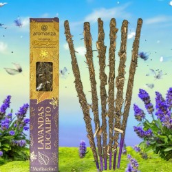 Sahumerio Orgánico Lavandas y Eucalipto con Hojas de Eucalipto Aromanza Argentina - 6 varillas naturales - Meditación