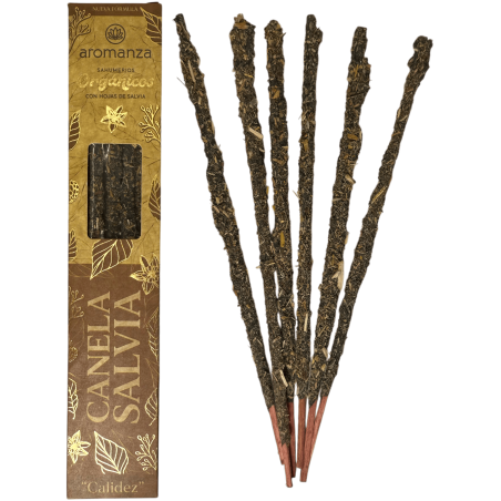 Sahumerio Orgánico Canela y Salvia con Hojas de Salvia Aromanza Argentina - 6 varillas naturales - Calidez