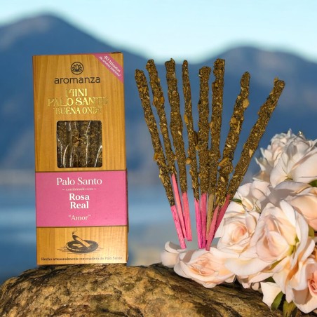 Incienso Mini Palo Santo Buena Onda con Rosa Real Aromanza Argentina - 8 Sahumerios 40min duración - Amor