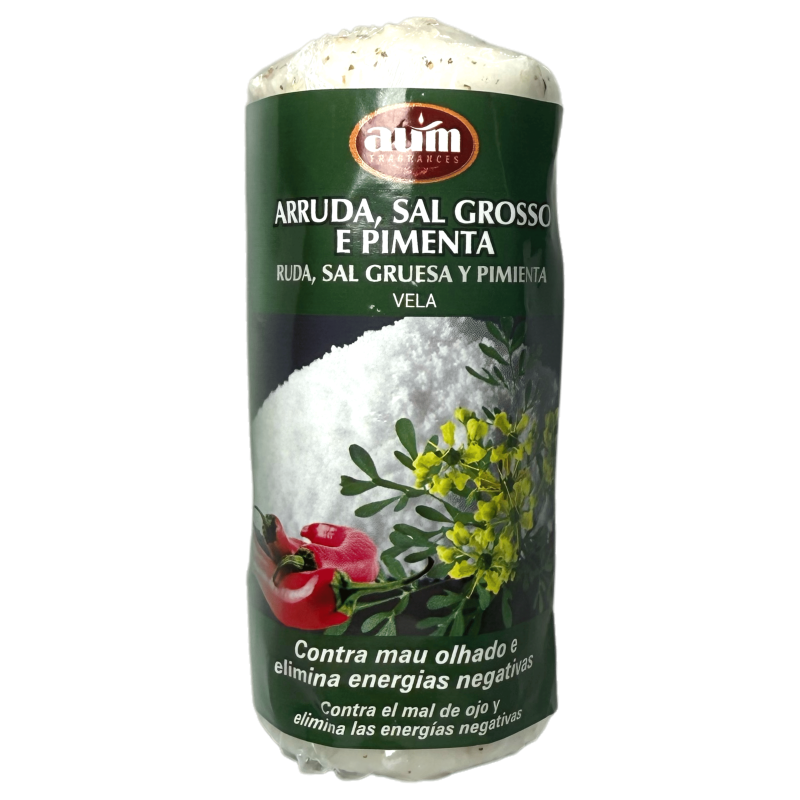 Vela Ruda, Sal Gruesa y Pimienta AUM Fragrances 12x4,8cm - 170gr. 16h. - Contra Mal de Ojo y Elimina Energías Negativas-Velones Esotéricos AUM Fragrances-HOSTENATURA