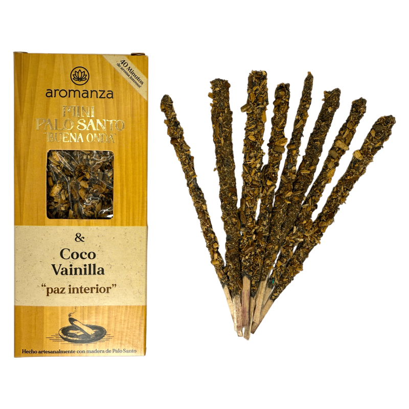 Mini Palo Santo Good Wave Kokosnöt och Vanilla Rökelse Aromanza Argentina - 8 rökelsepinnar 40 min varaktighet - Inre frid-Mini Palo Santo Good Wave Rökelse Aromanza Argentina-HOSTENATURA