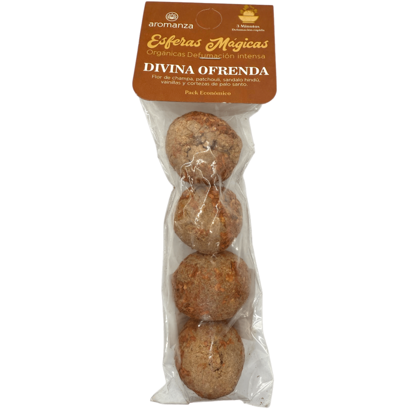 Esferas Mágicas Divina Ofrenda Aromanza Argentina - 4 bombitas defumación Flor Champa, Pachulí, Sandalo, Vainilla y Palo Santo-Esferas Mágicas Defumación Activada Aromanza Argentina Bolsita-HOSTENATURA