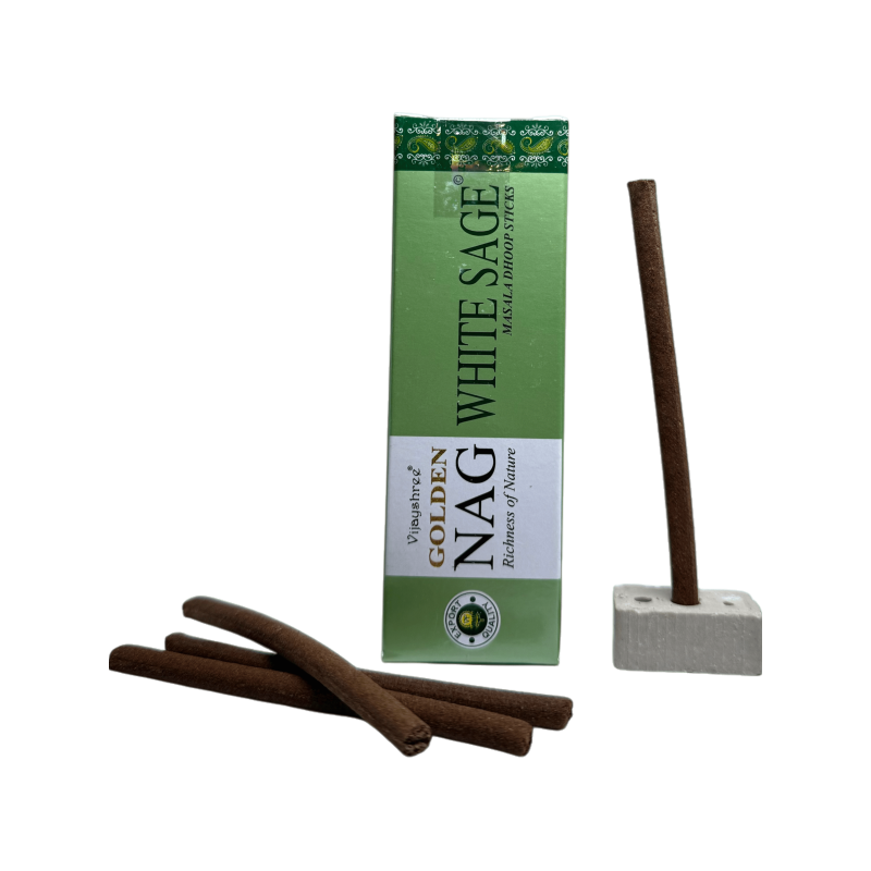 GOLDEN NAG Incienso Dhoop Salvia Blanca - Masala Dhoop Sticks - 1 paquet de 10 barretes-Incienso Golden Nag Dhoop Vijayshree-HOSTENATURA