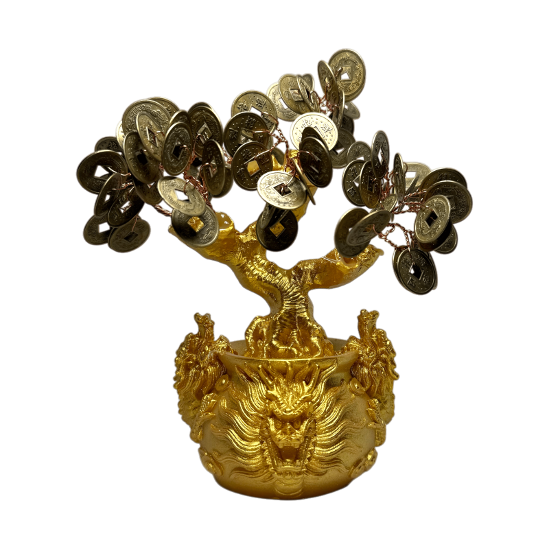 豊穣の木、樹脂、7x11x18cm、易経コイン付き - 風水装飾がお金を引き付けます-アミュレット-HOSTENATURA