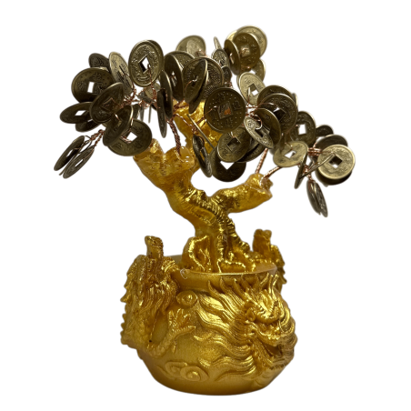 Rășină Copacul Abundenței 7x11x18cm cu monede I Ching - Decor Feng Shui Atrage bani
