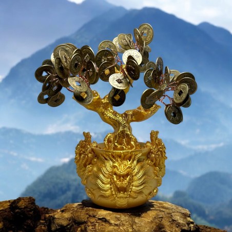 Albero dell'Abbondanza in Resina 7x11x18cm con Monete I Ching - La decorazione Feng Shui attira denaro