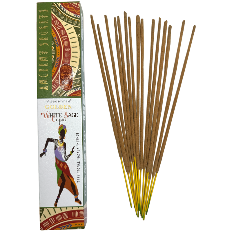 Encens Copal Doré et Sauge Blanche Secrets Anciens Dorés Vijayshree - Sachet de 15gr.-Encens Or Anciens Secrets Doré Copal Doré Vijayshree-HOSTENATURA