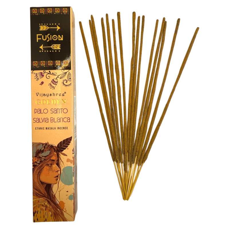 Incienso Palo Santo y Salvia Blanca Golden Fusión Vijayshree - Cajetilla de 15gr.-Incienso Golden Fusión Palo Santo Vijayshree-HOSTENATURA