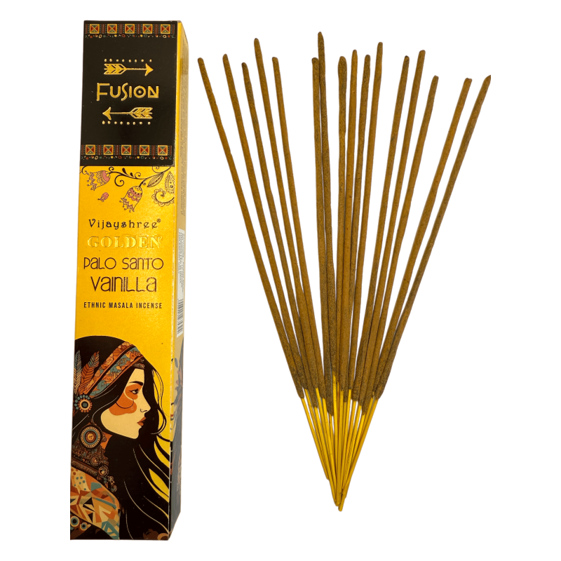 Incienso Palo Santo y Vainilla Golden Fusión Vijayshree - Cajetilla de 15gr.-Incienso Golden Fusión Palo Santo Vijayshree-HOSTENATURA
