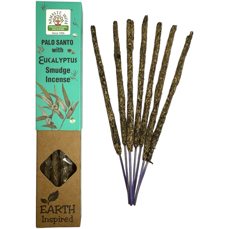 Incienso Natural de Palo Santo y Eucalipto NAMASTE INDIA Earth Inspired - Cajita de 25gr de Incienso Orgánico-Inciensos Natural Palo Santo NAMASTE INDIA ORKAY-HOSTENATURA