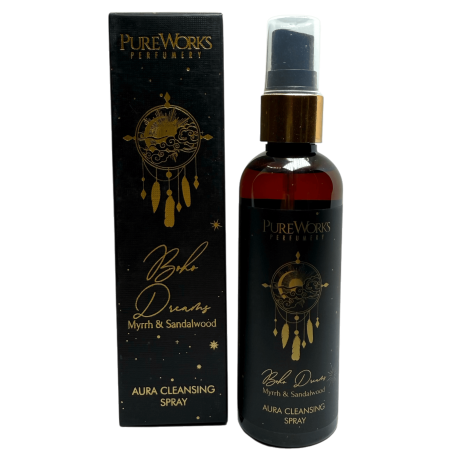 Spray Ambientador Esotérico Sueños Bohemios PureWorks Boho Dreams Mirra y Sándalo Aura Cleansing Spray 100ml.